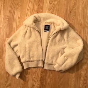 Urban Outfitters Fuzzy White Bomber Jacket